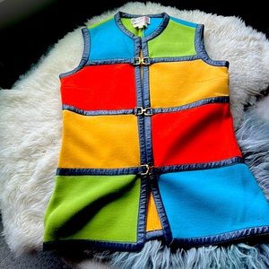 Vintage multi color wool vest with leather trim